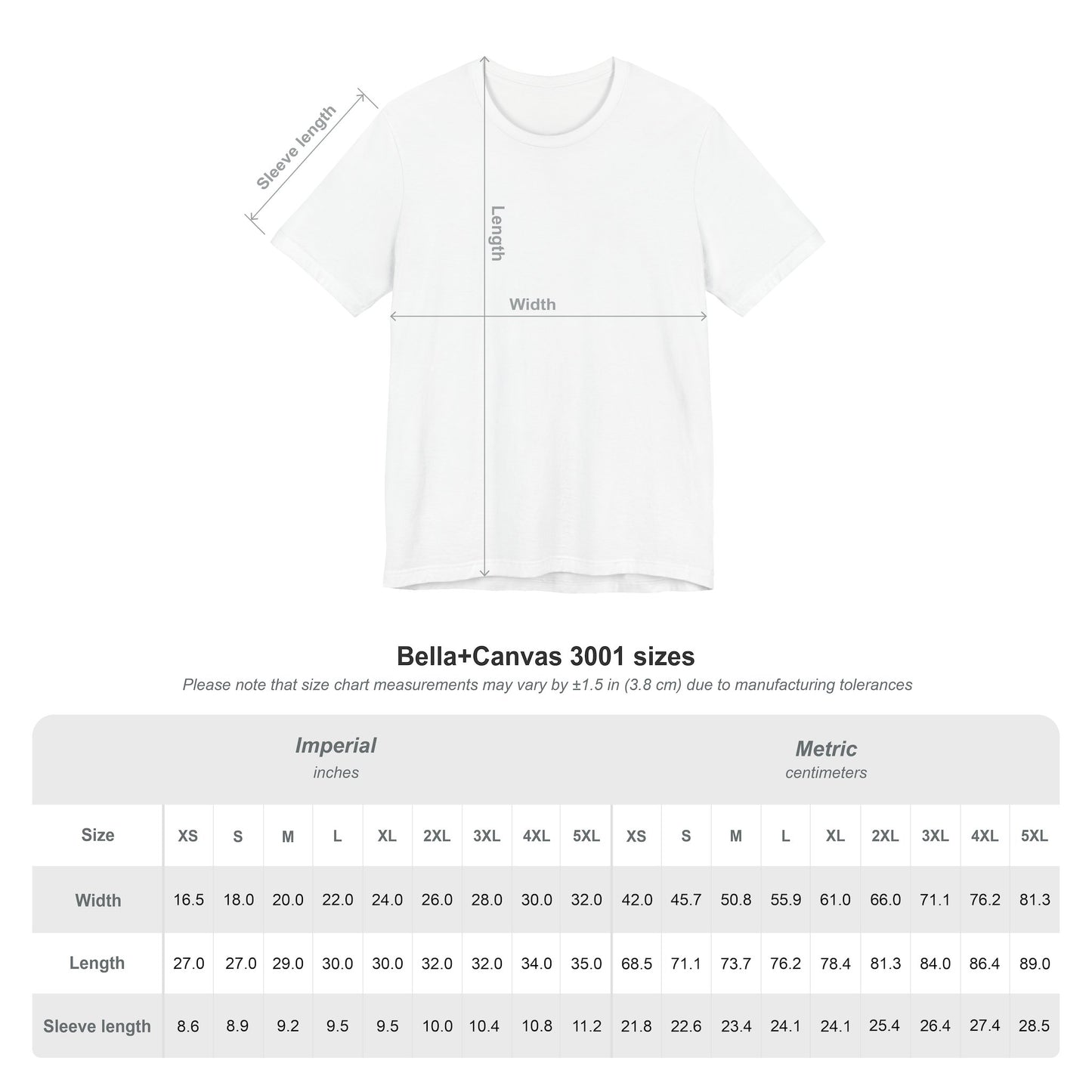 Unisex t-shirt size chart for Jack Russell Terrier graphic tee measurements guide