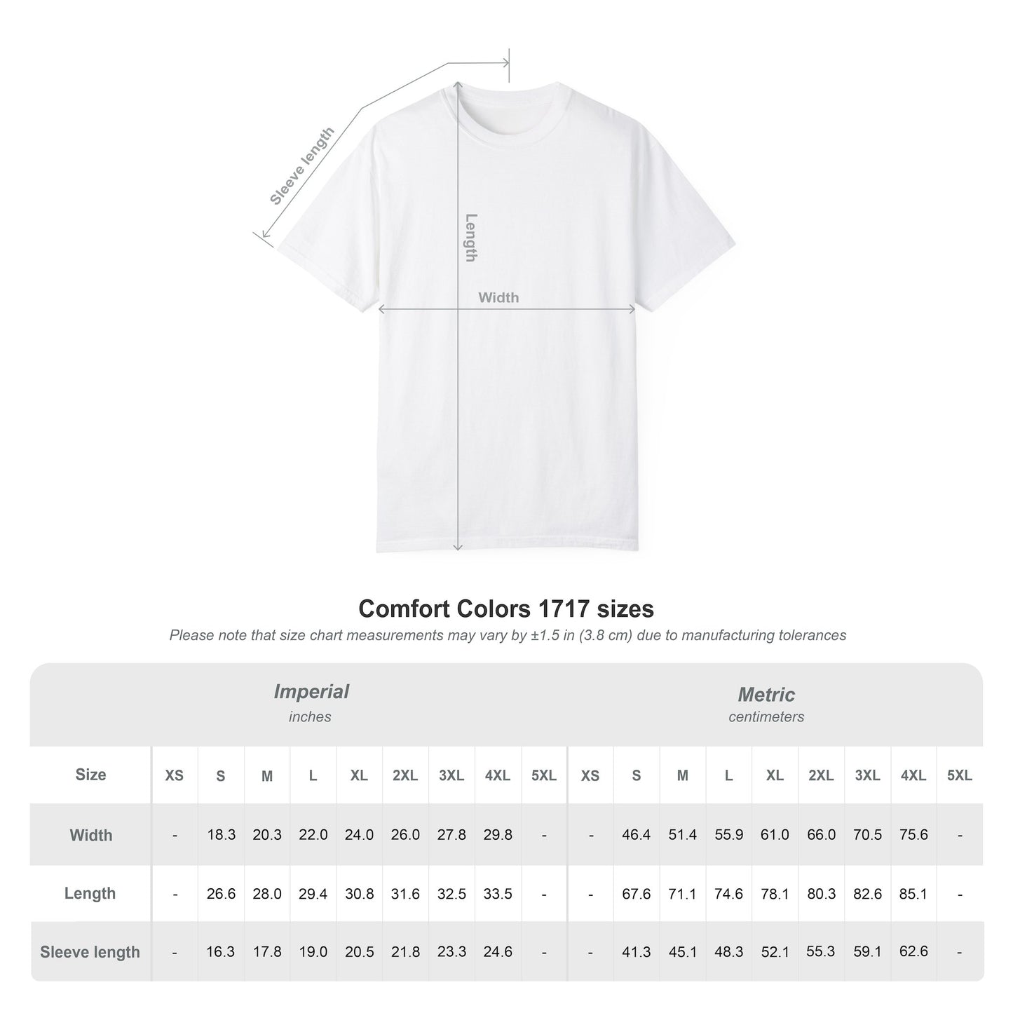 Unisex t-shirt size chart for Jack Russell Terrier graphic tee