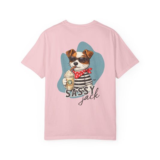 Pink Jack Russell Terrier t-shirt back graphic featuring Sassy Jack dog wearing sunglasses