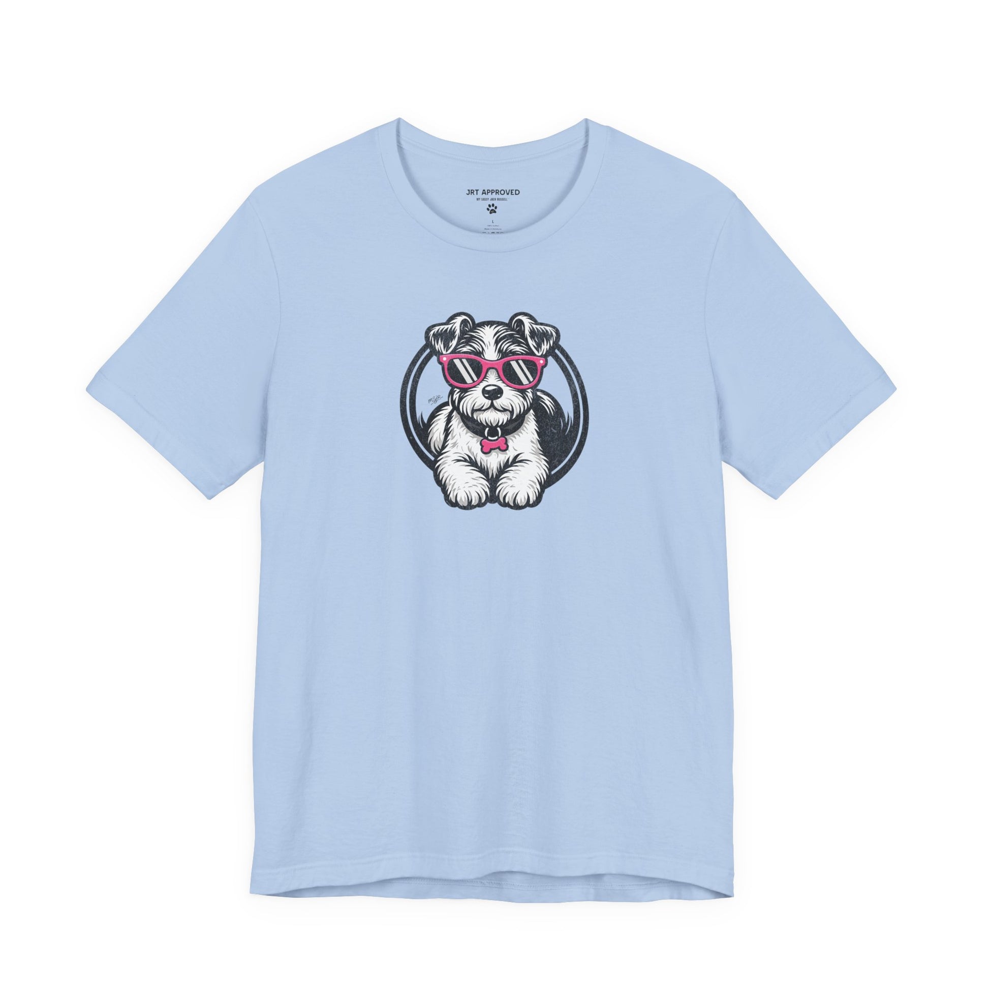 Jack Russell Terrier sunglasses logo t-shirt light blue with signature dog graphic