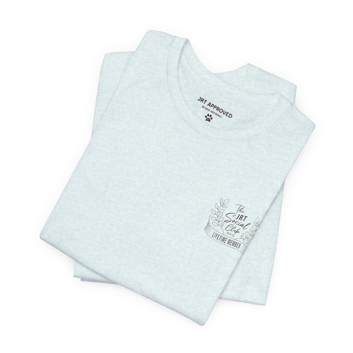 Folded Jack Russell Terrier Social Club t-shirt front and back design light blue