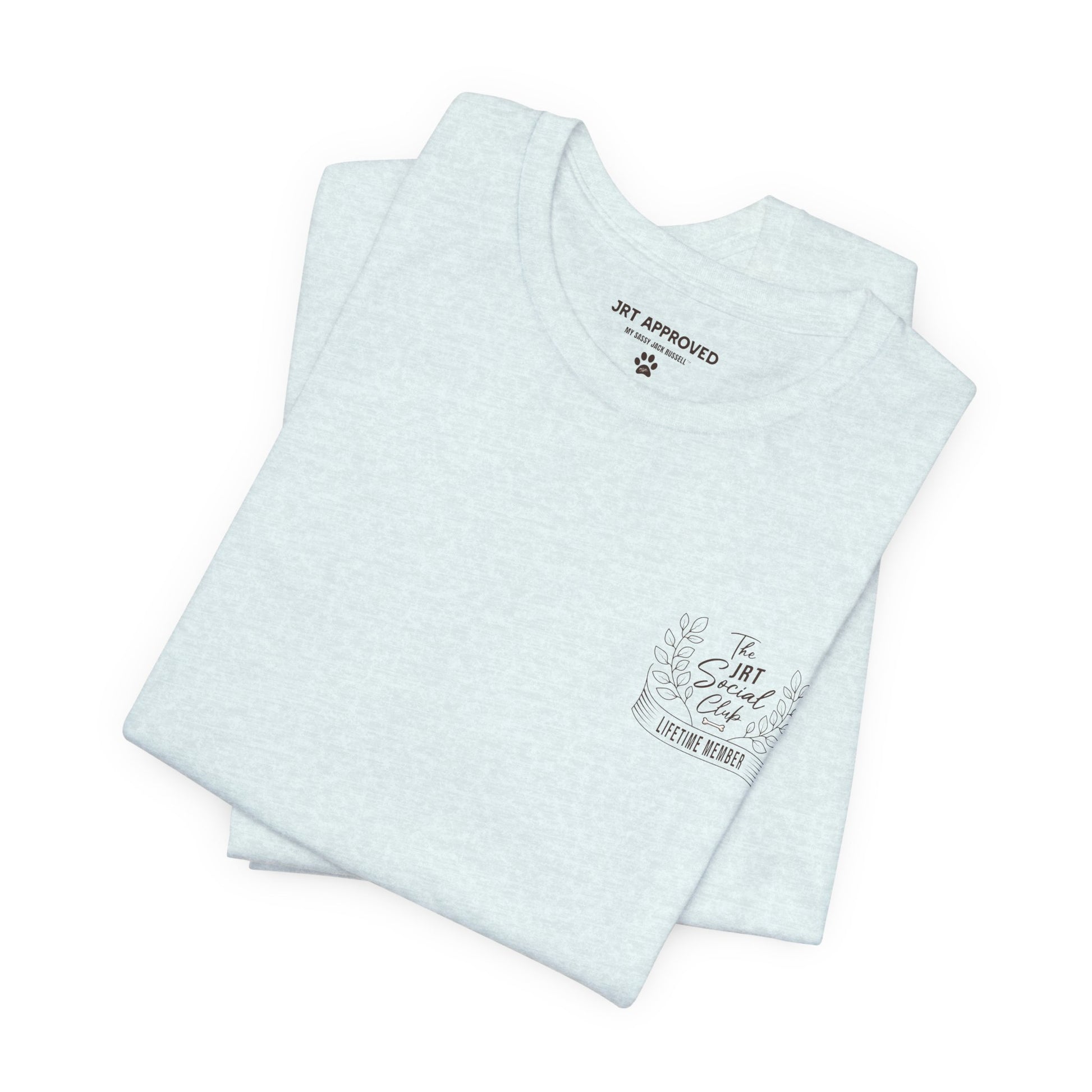 Folded Jack Russell Terrier Social Club t-shirt front and back design light blue