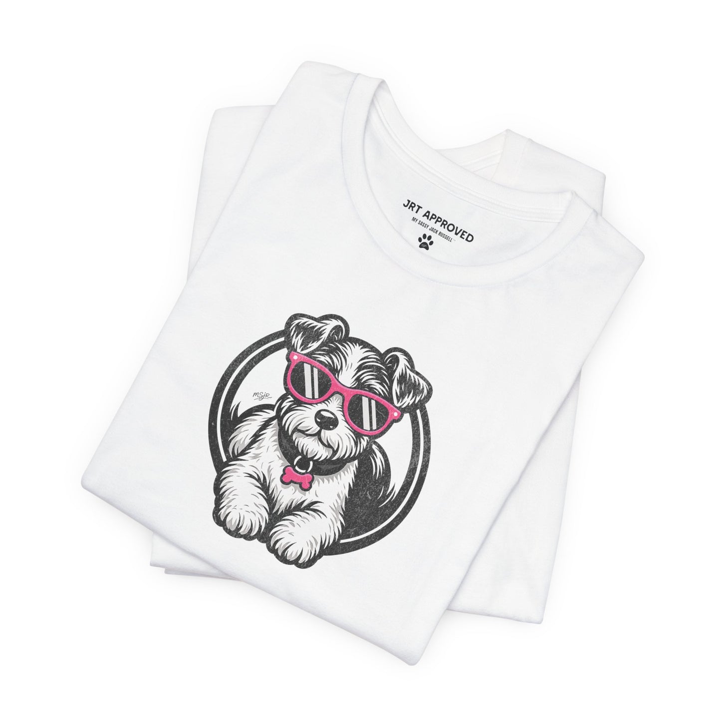 Folded Jack Russell Terrier sunglasses logo t-shirt white