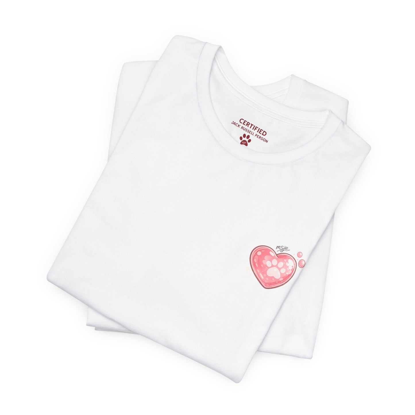 Folded white Jack Russell Terrier t-shirt with small heart logo on chest