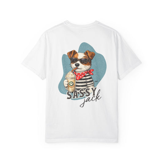 Sassy Jack Russell Terrier t-shirt back graphic featuring cool dog with sunglasses and puppuccino