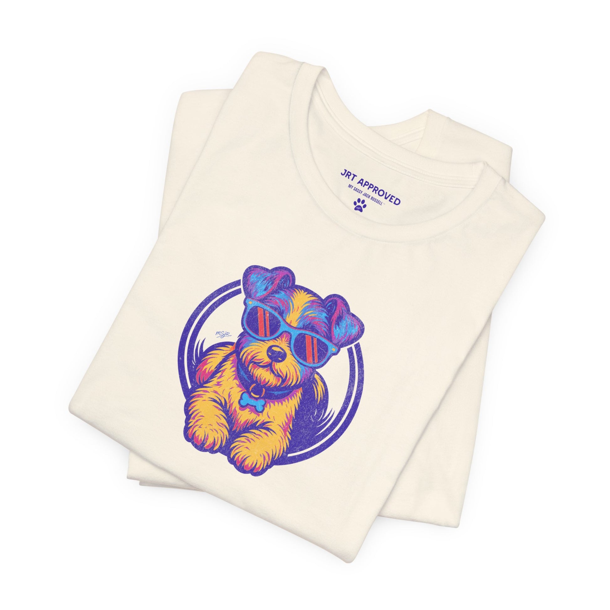 Folded retro neon Jack Russell Terrier graphic t-shirt cream