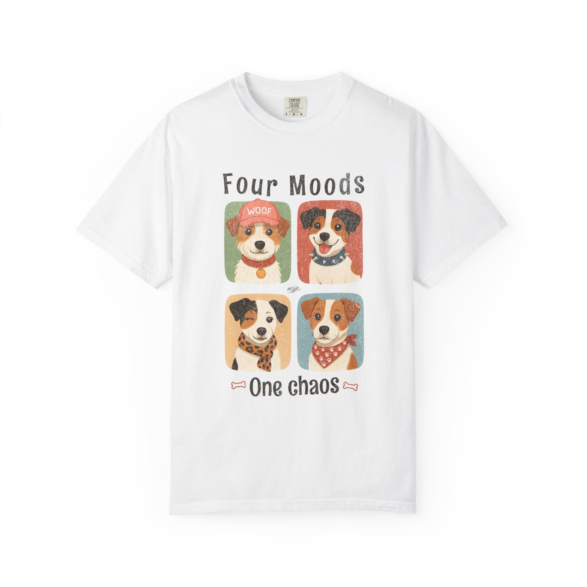 Funny Jack Russell Terrier t-shirt with Four Moods One Chaos graphic design for dog lovers