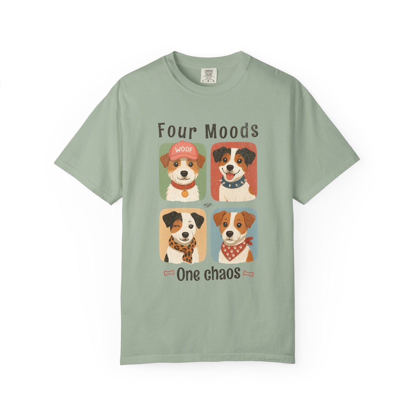 Funny Jack Russell Terrier t-shirt in sage green with Four Moods One Chaos dog design