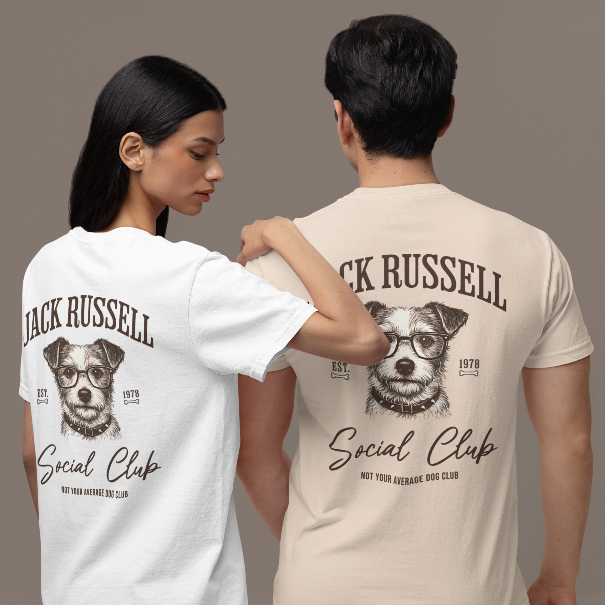 Jack Russell Terrier Social Club t-shirt back graphic worn by couple