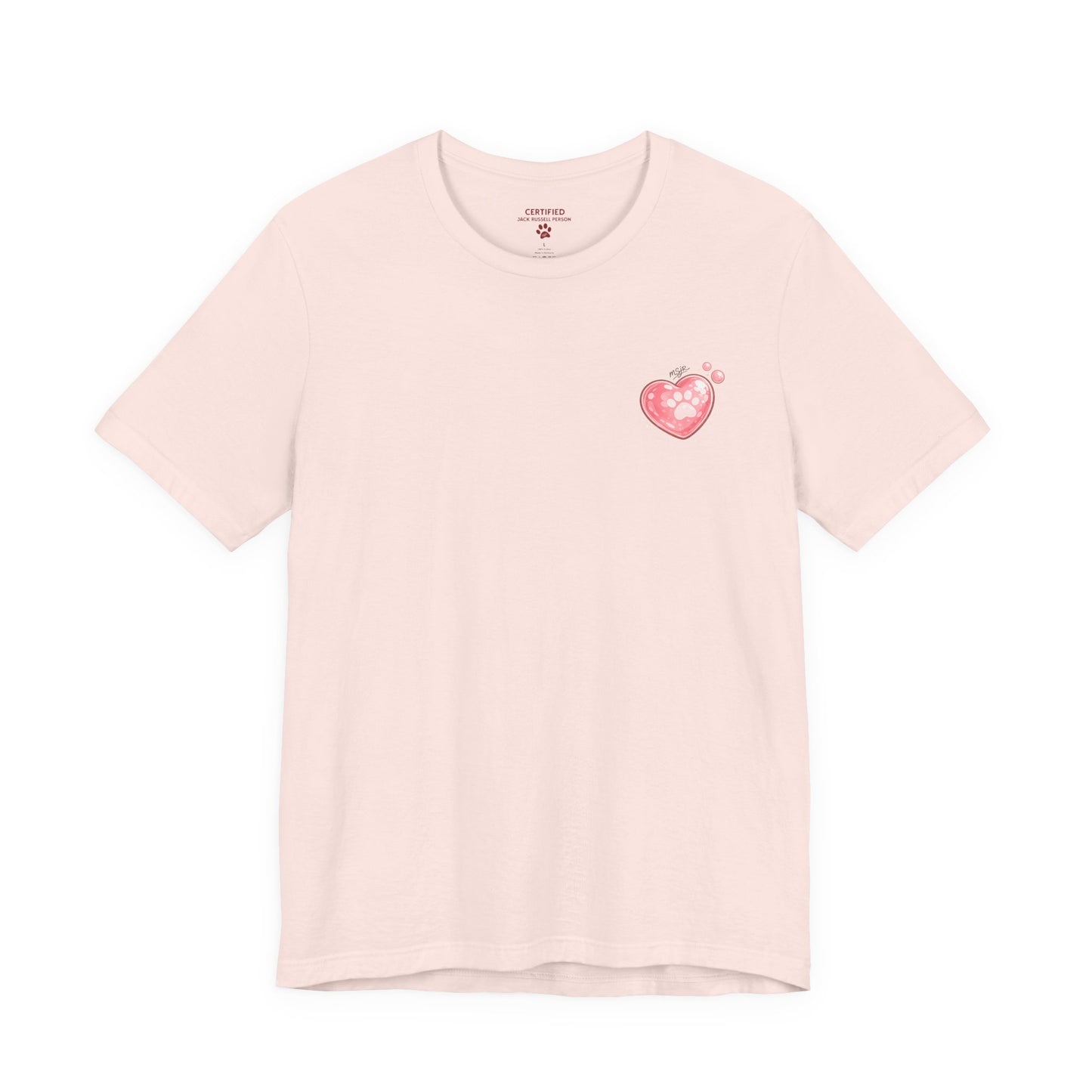 Soft Pink Jack Russell Terrier t-shirt with minimal heart chest logo