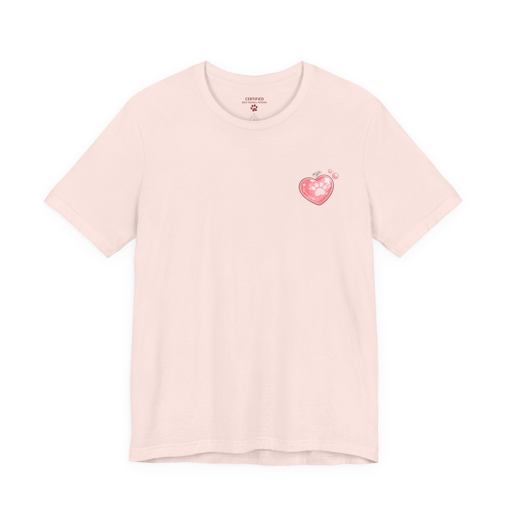 Soft Pink Jack Russell Terrier t-shirt with minimal heart chest logo