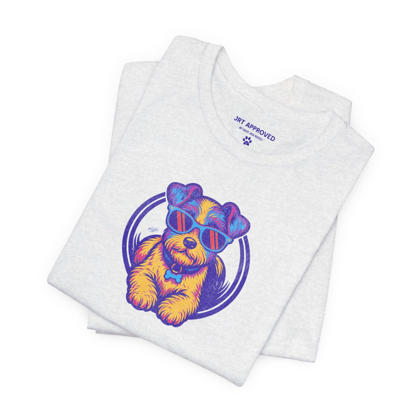 Folded retro neon Jack Russell Terrier graphic t-shirt gray