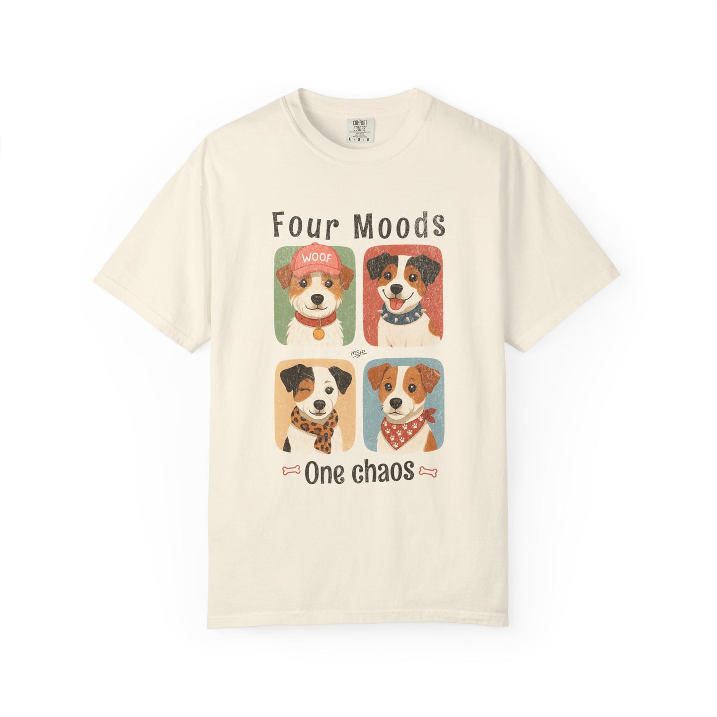 Funny Jack Russell Terrier t-shirt in Ivory featuring Four Moods One Chaos graphic