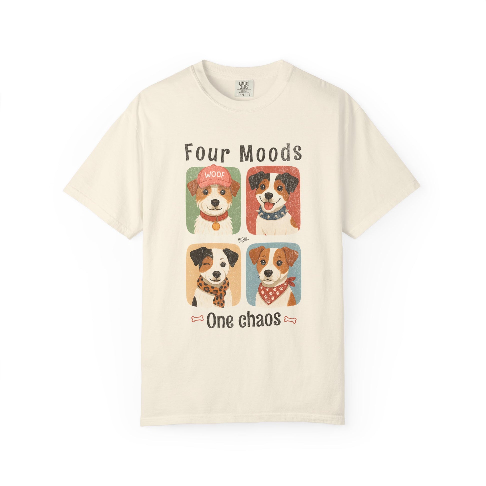 Funny Jack Russell Terrier t-shirt in Ivory featuring Four Moods One Chaos graphic