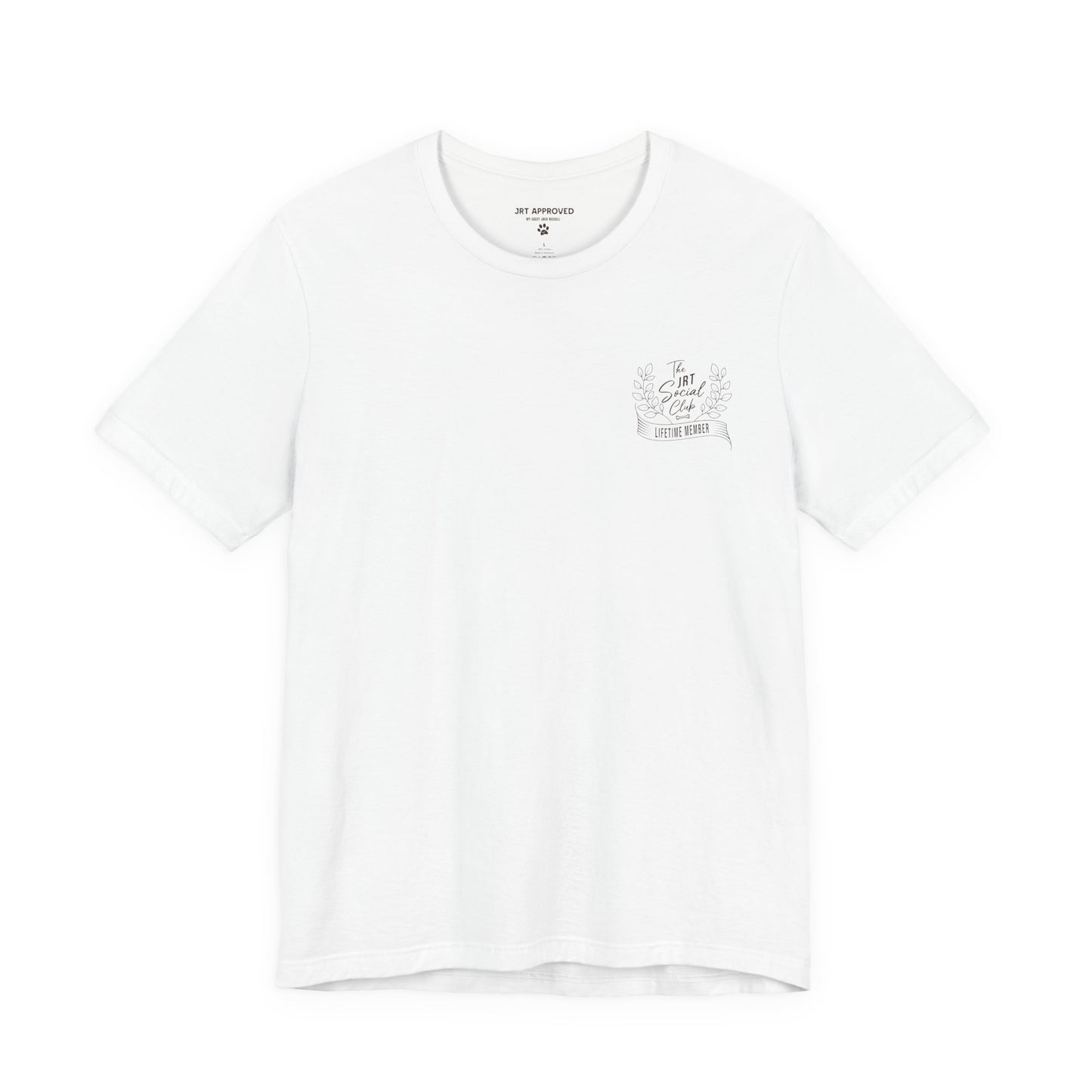Jack Russell Terrier Social Club t-shirt front chest logo minimal dog design white