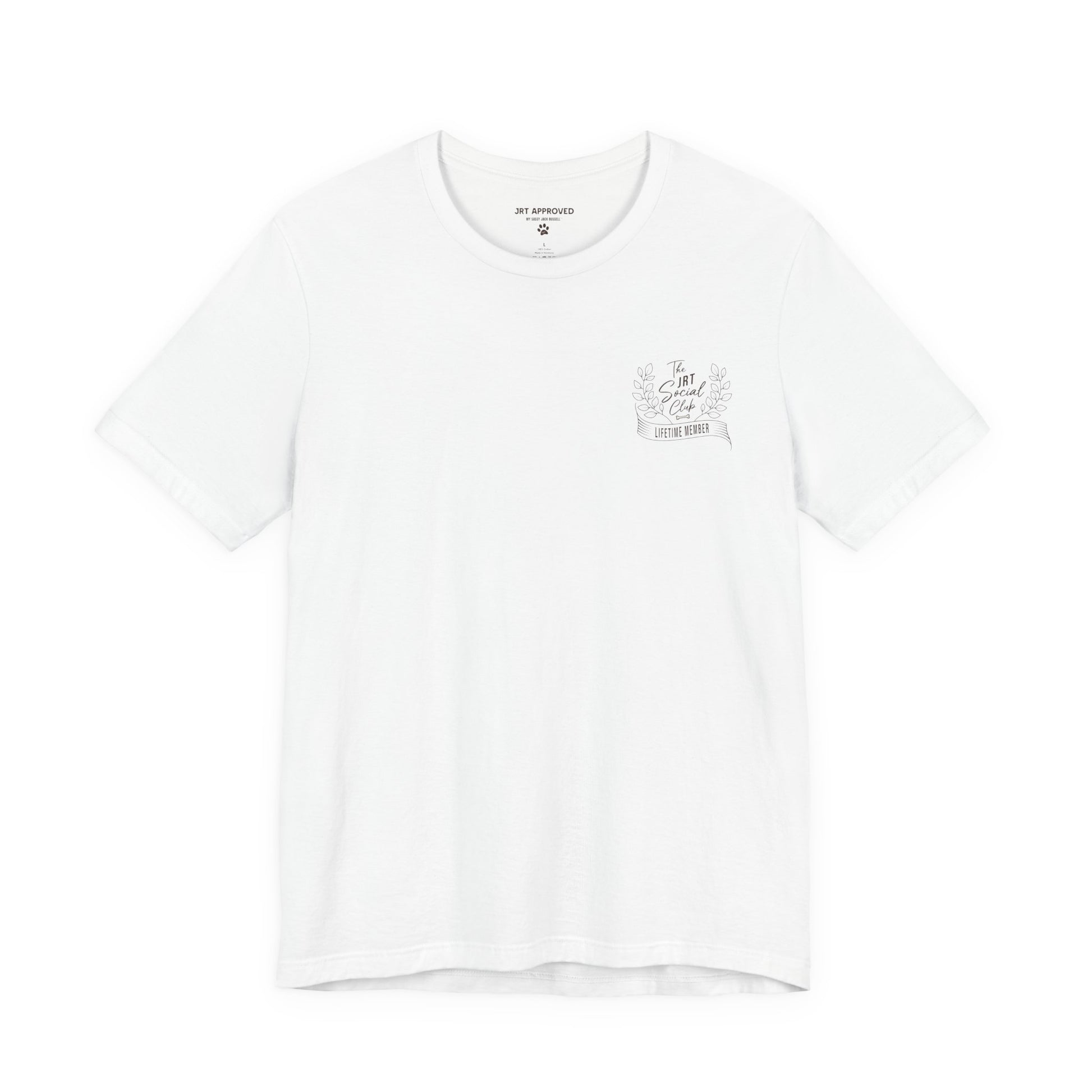 Jack Russell Terrier Social Club t-shirt front chest logo minimal dog design white