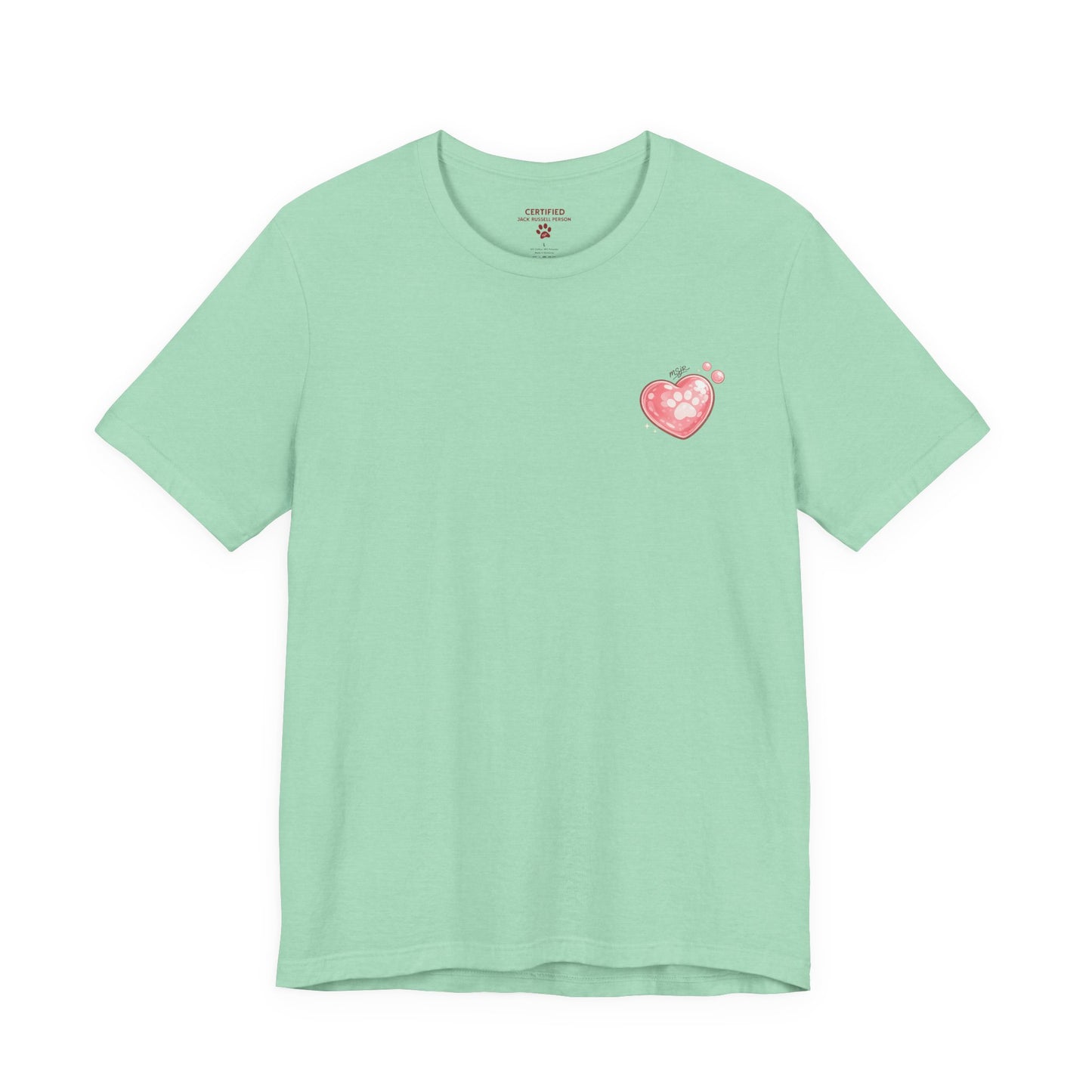 Heather Mint Jack Russell Terrier t-shirt with small heart logo on chest