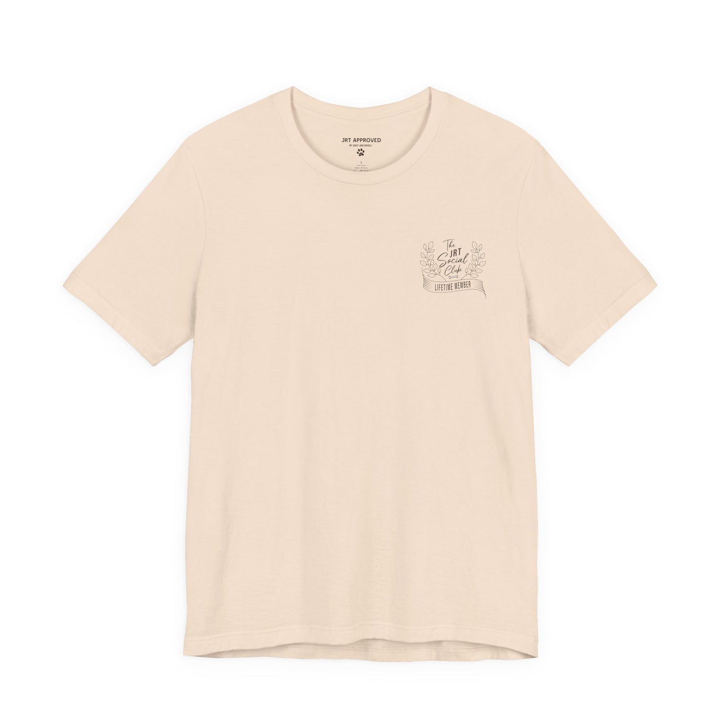 Jack Russell Terrier Social Club t-shirt front chest logo minimal dog design cream