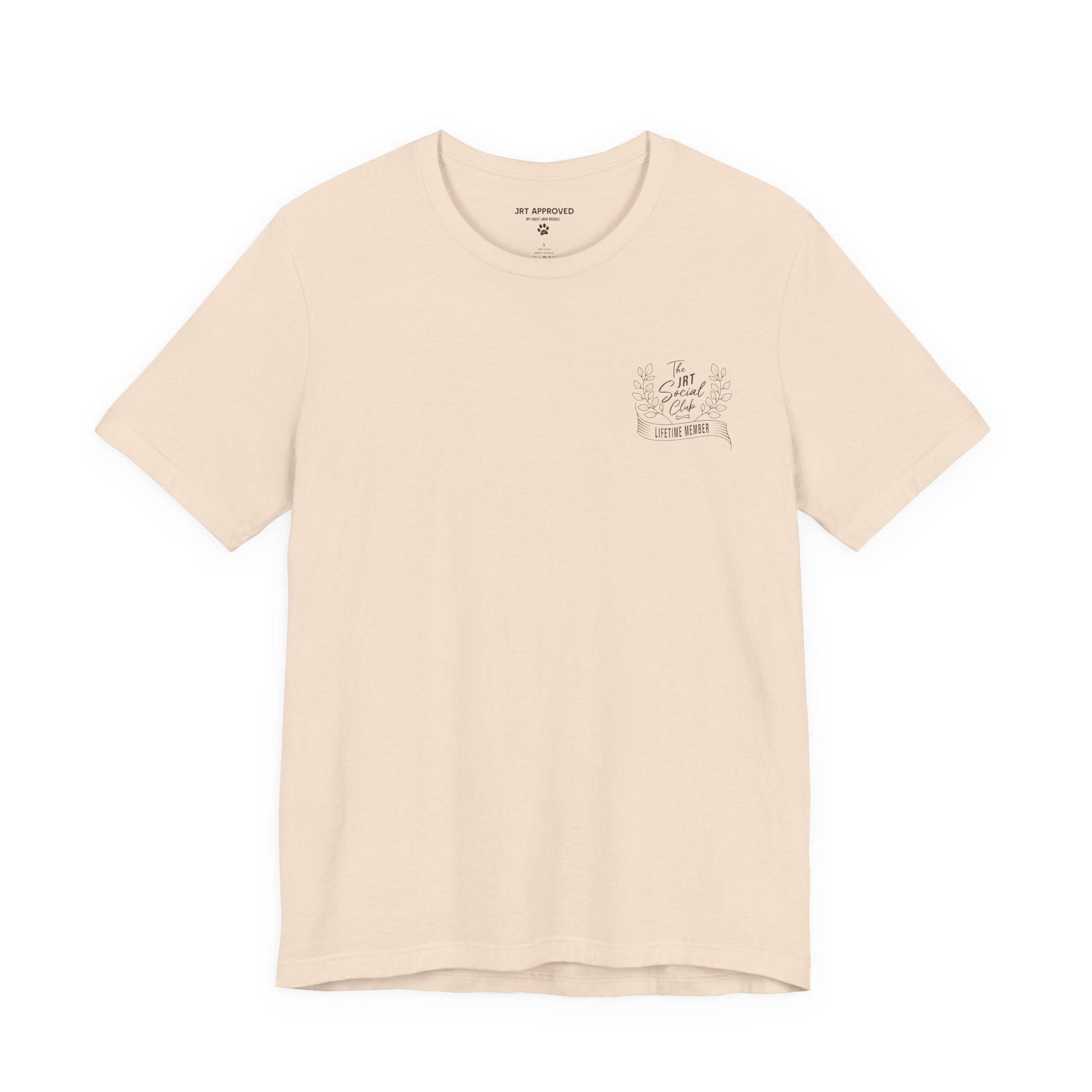 Jack Russell Terrier Social Club t-shirt front chest logo minimal dog design cream