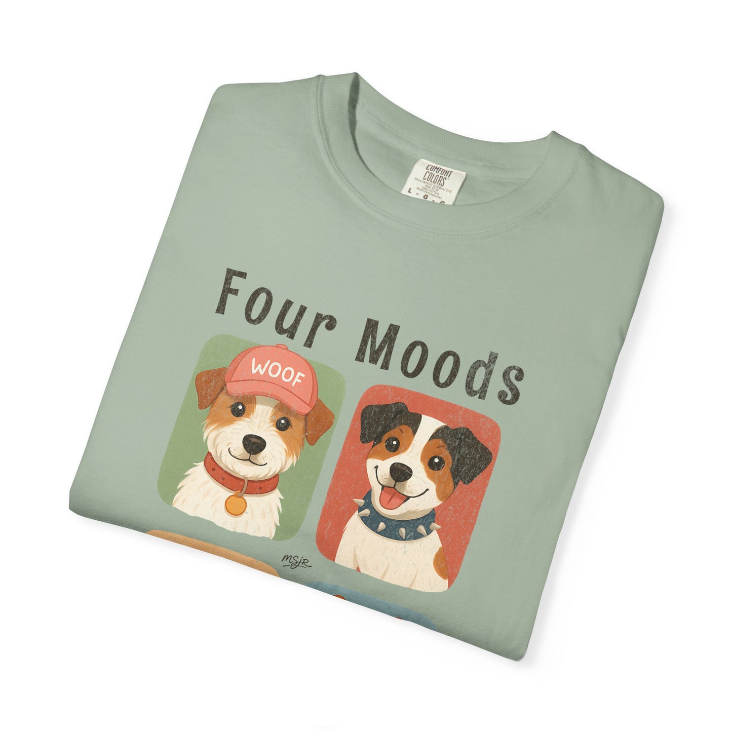 Folded sage green Jack Russell Terrier t-shirt with Four Moods One Chaos graphic