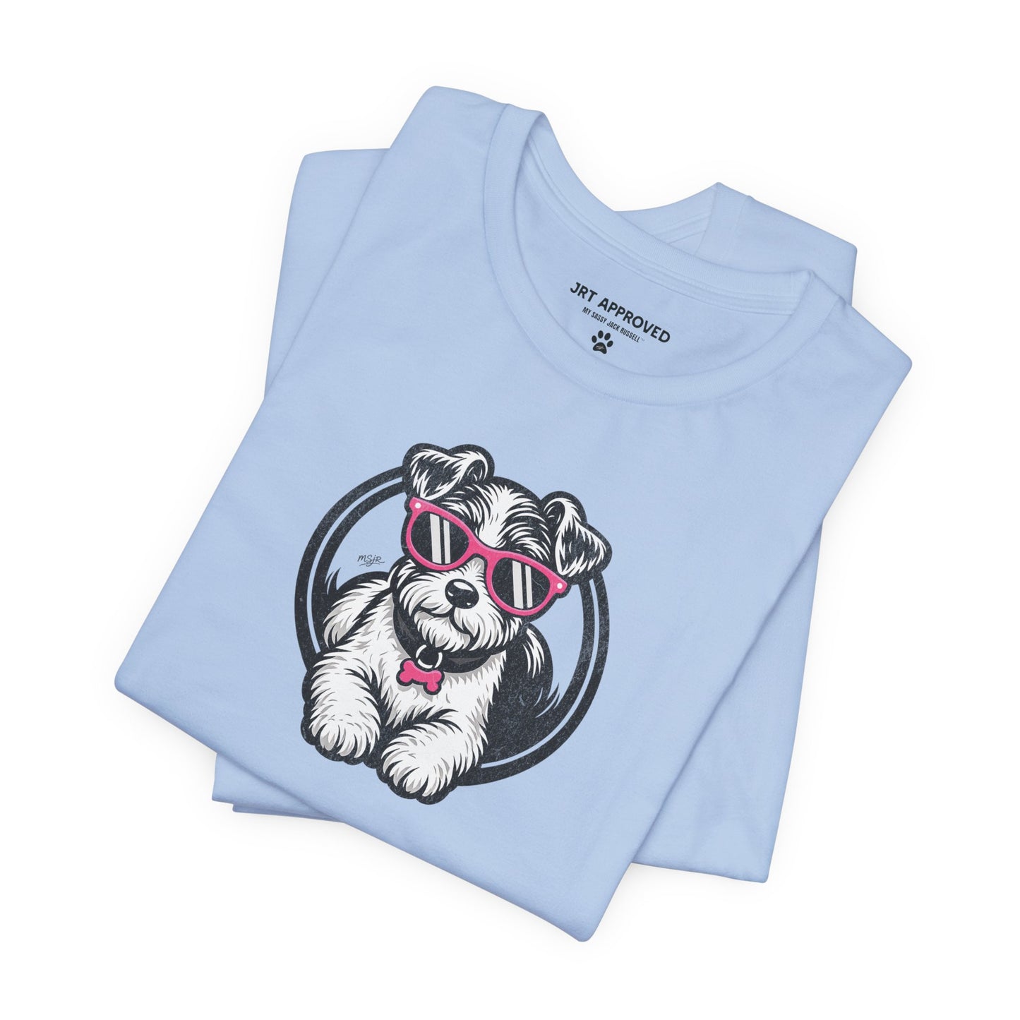 Folded Jack Russell Terrier sunglasses logo t-shirt light blue