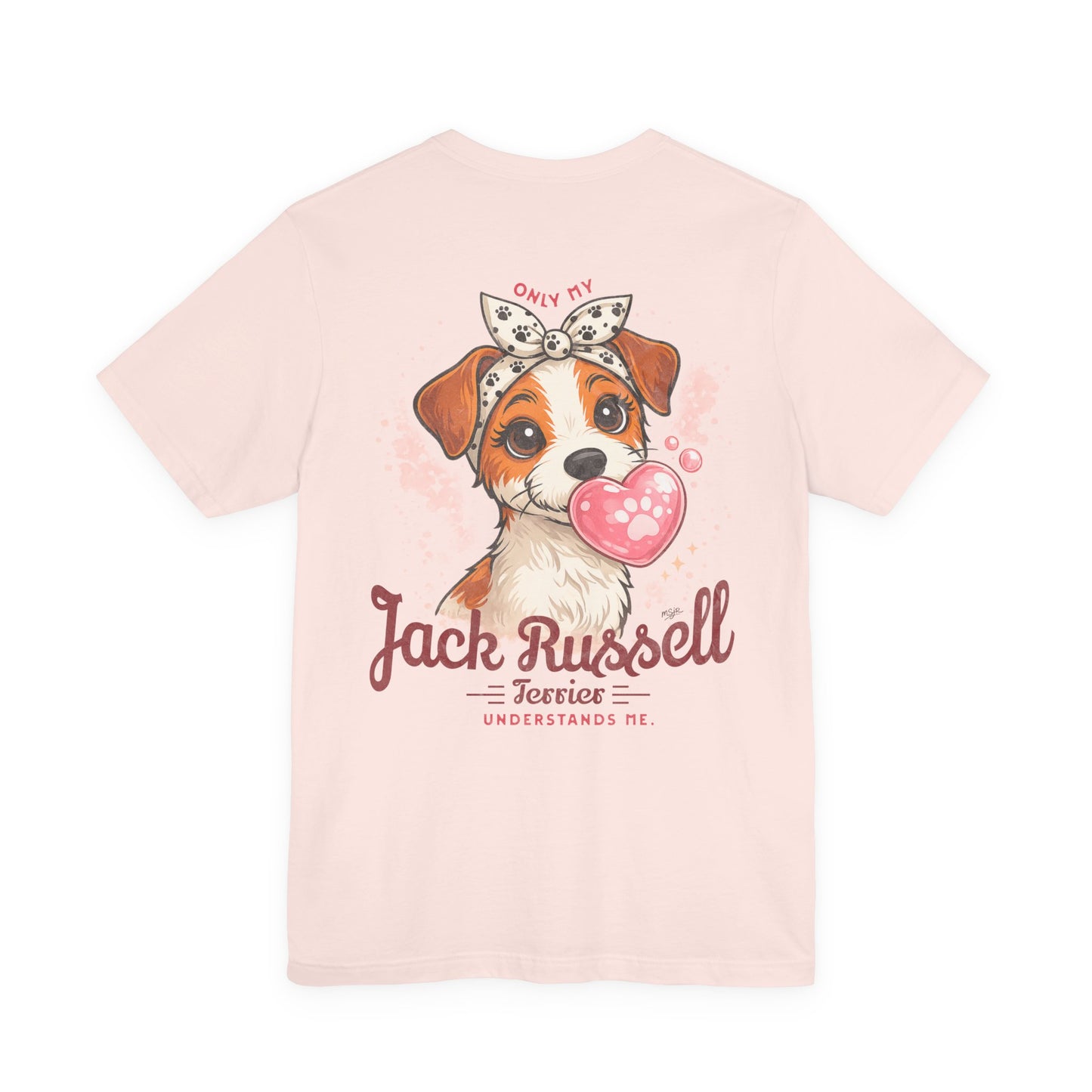 Soft Pink Jack Russell Terrier lover t-shirt back graphic with cute dog illustration and heart bubble design