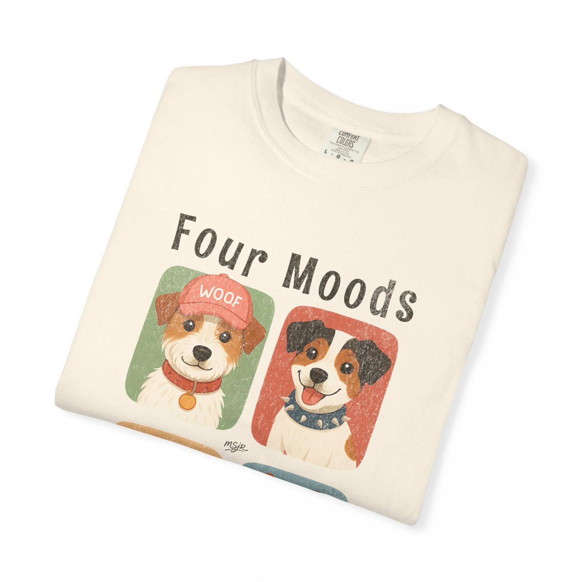 Folded funny Jack Russell Terrier t-shirt showing Four Moods One Chaos dog graphic