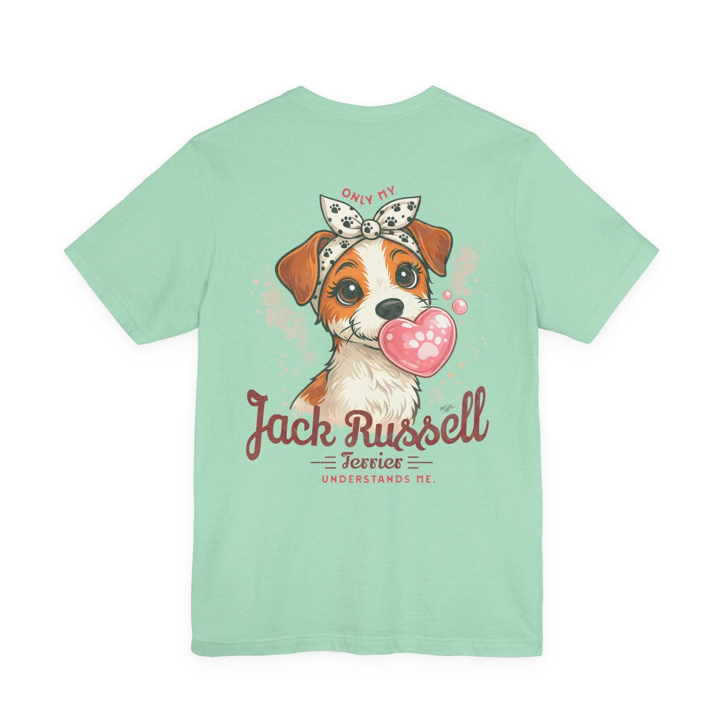 Heather Mint Jack Russell Terrier lover t-shirt back graphic with cute dog and heart bubble design