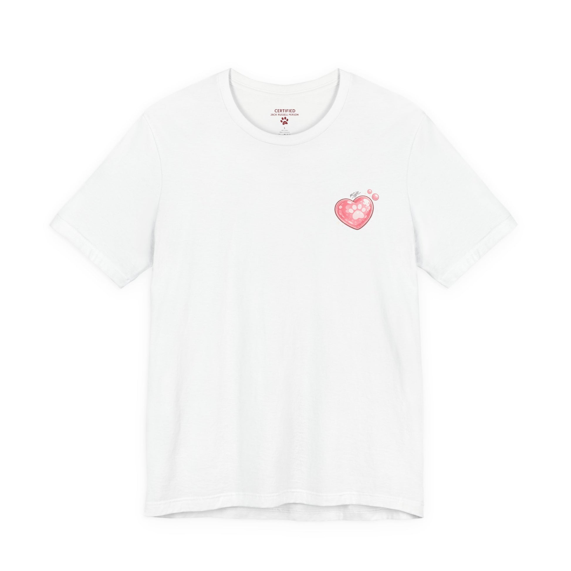 White Jack Russell Terrier t-shirt front with minimal heart chest logo