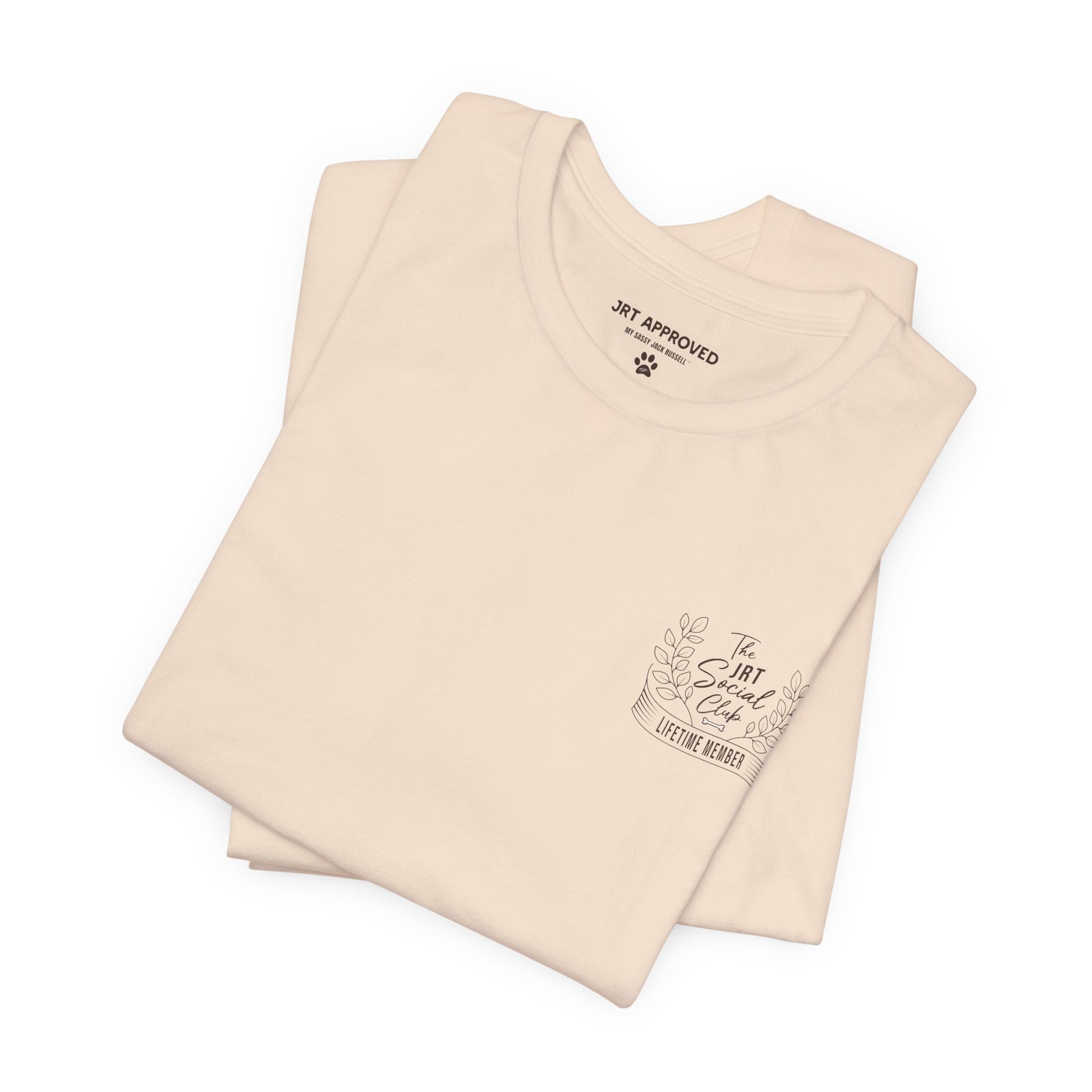 Folded Jack Russell Terrier Social Club t-shirt front and back design cream