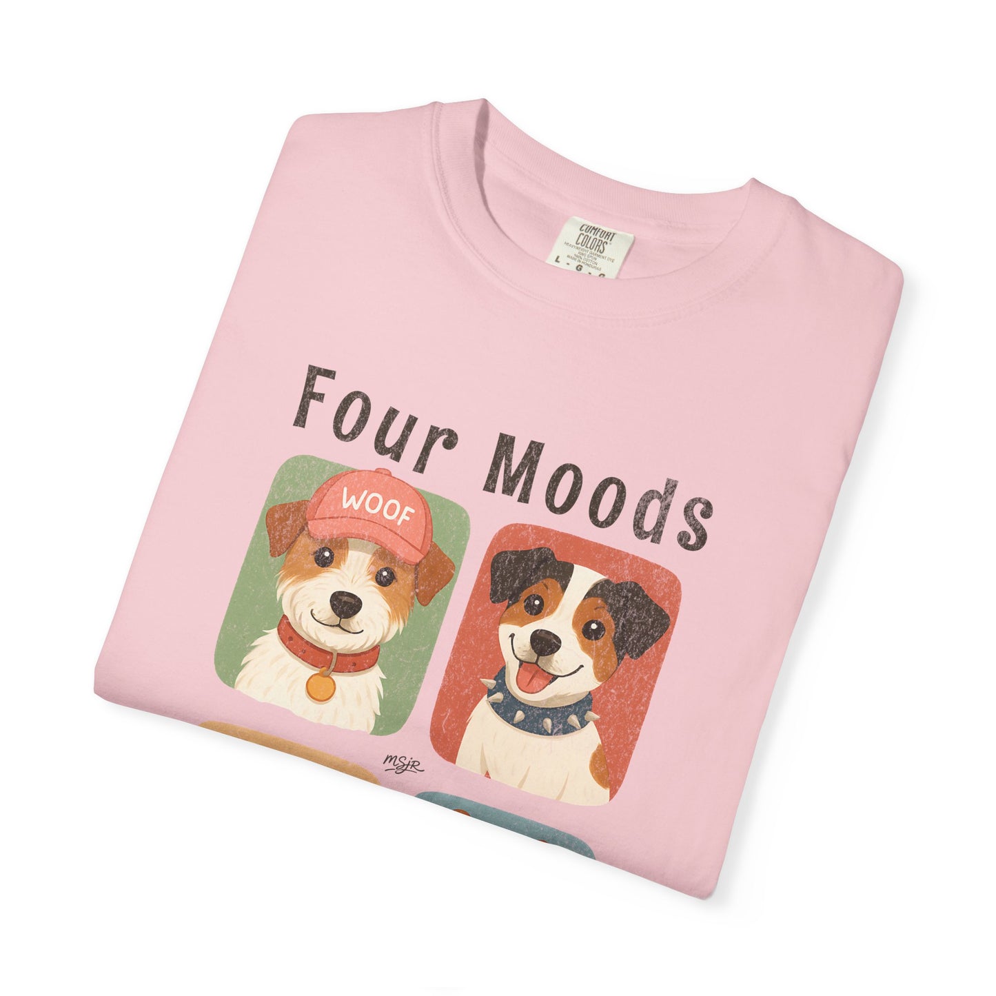 Folded pink Jack Russell Terrier t-shirt showing Four Moods One Chaos graphic