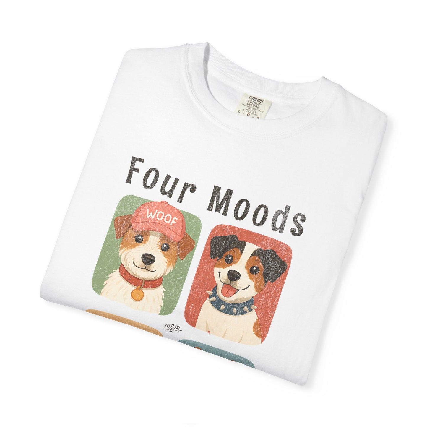 Close up of Four Moods One Chaos Jack Russell Terrier graphic on folded dog lover t-shirt