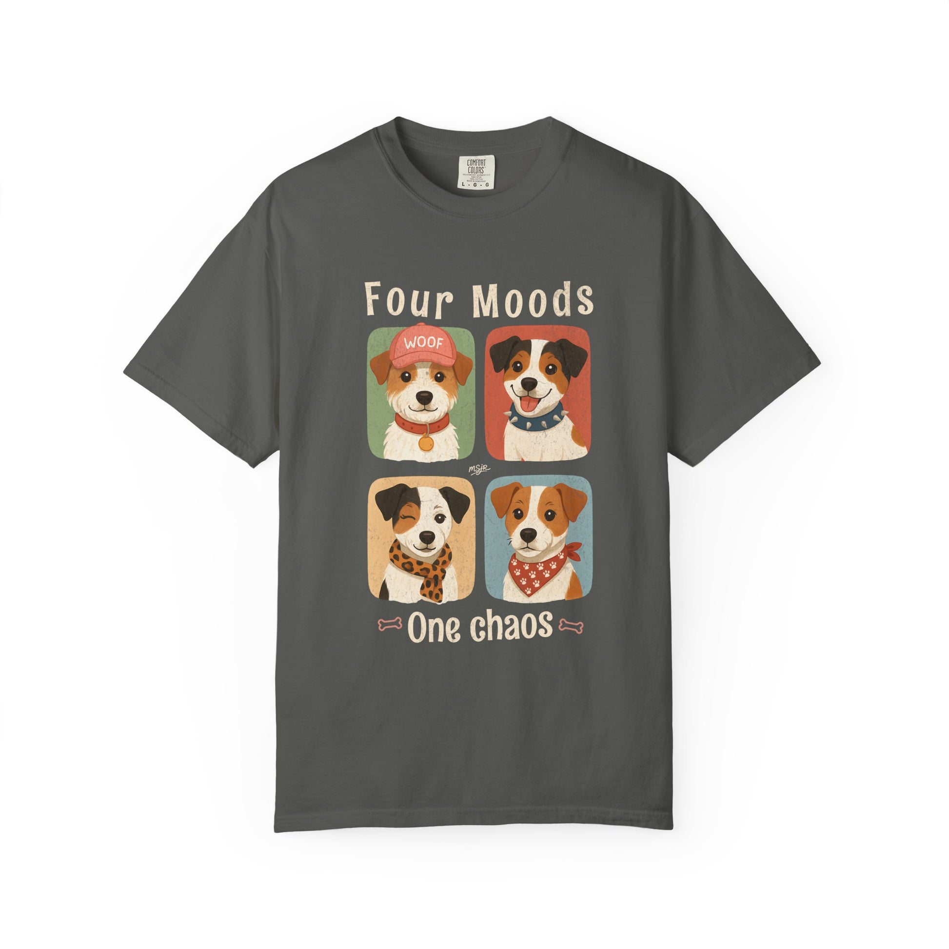 Four Moods Jack Russell Terrier graphic t-shirt dark gray dog personality design
