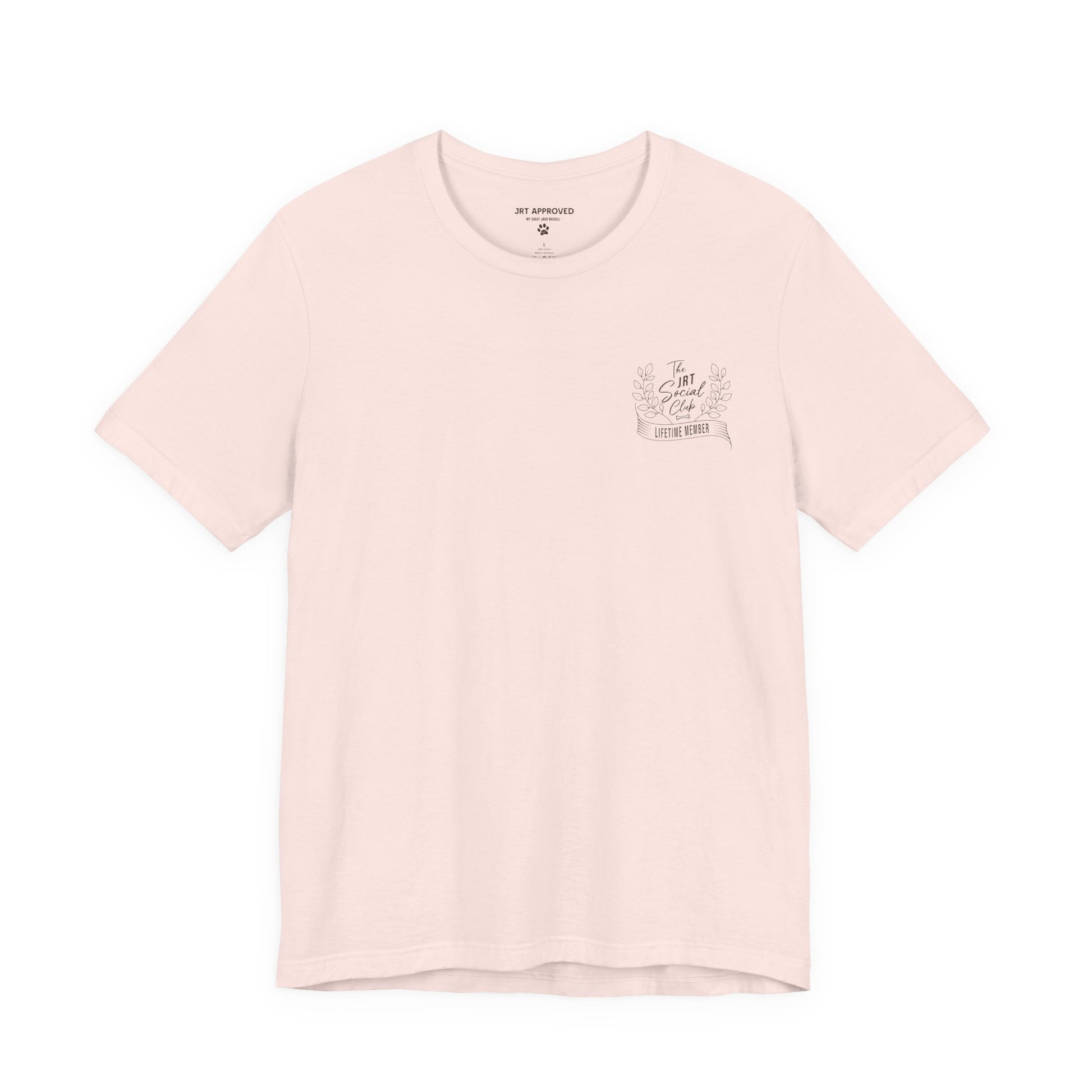 Jack Russell Terrier Social Club t-shirt front chest logo minimal dog design pink