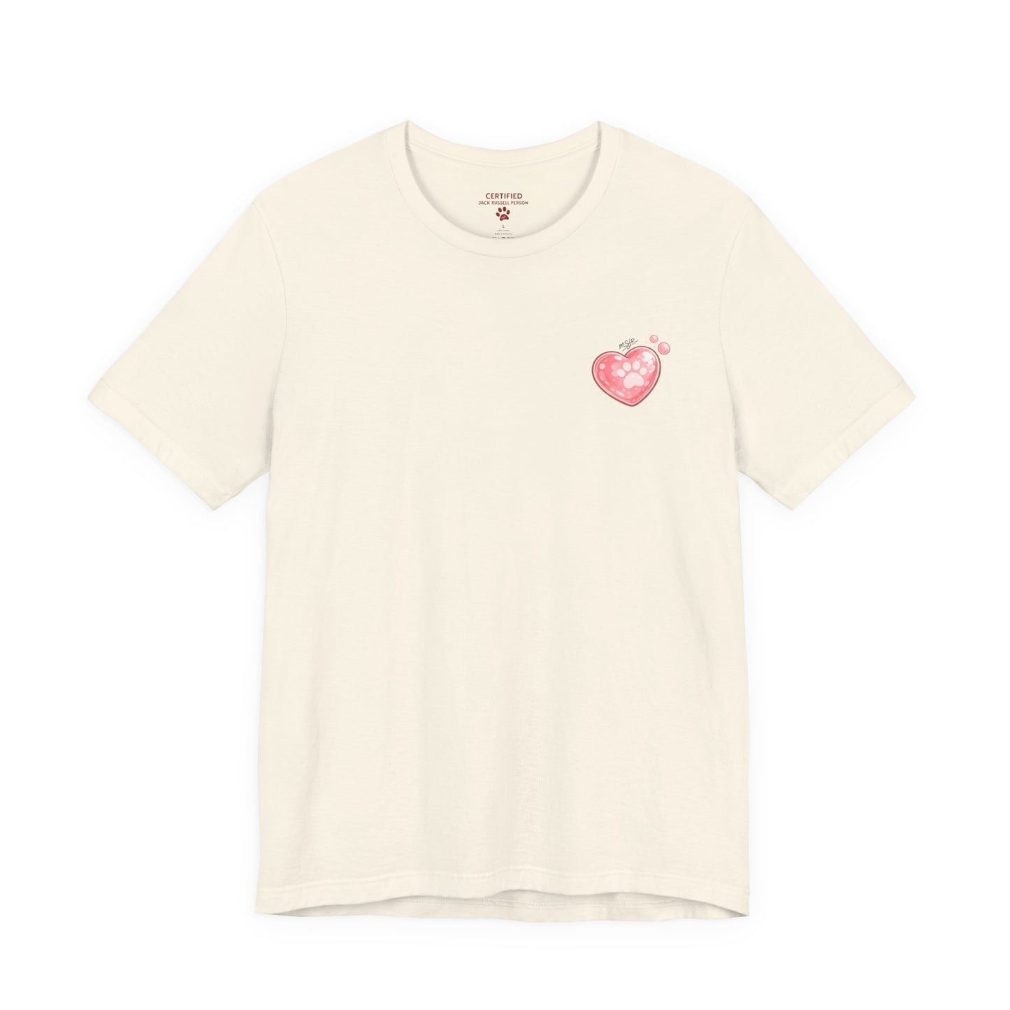 Minimal front logo Jack Russell Terrier natural color t-shirt with small heart graphic on chest