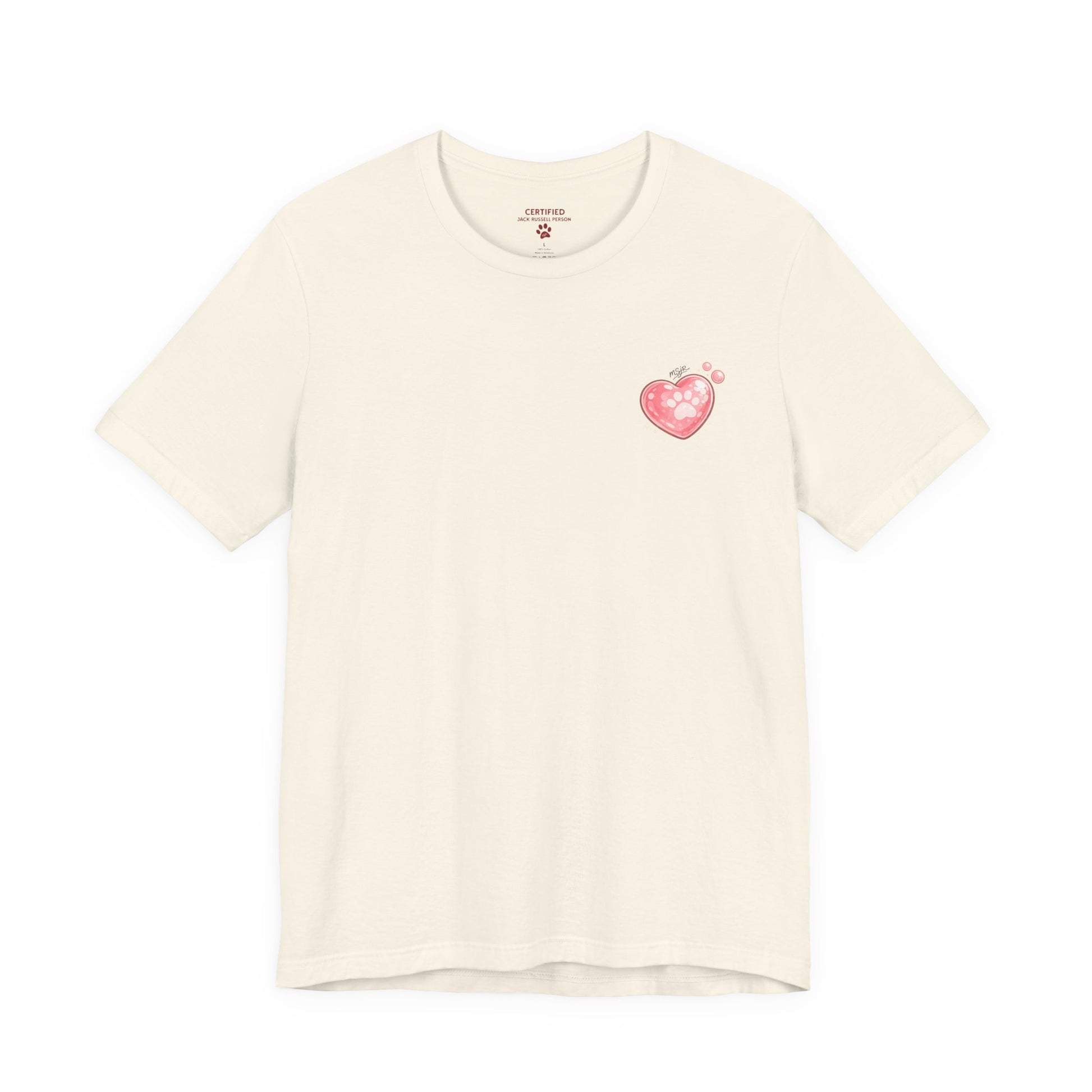Minimal front logo Jack Russell Terrier natural color t-shirt with small heart graphic on chest