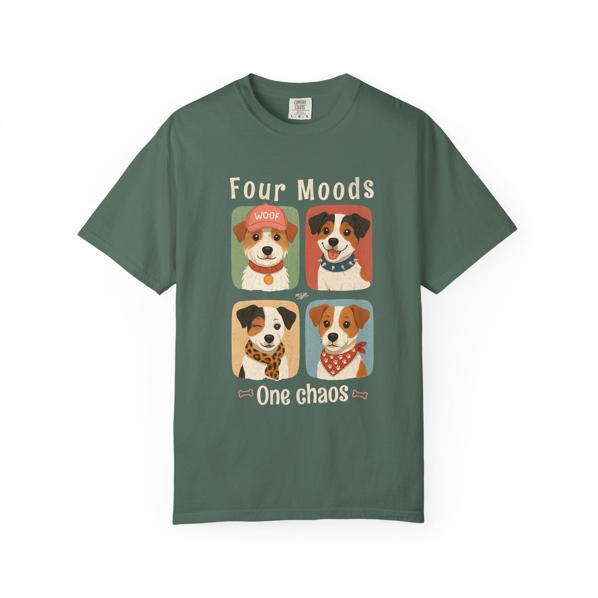 Four Moods Jack Russell Terrier graphic t-shirt green dog personality design