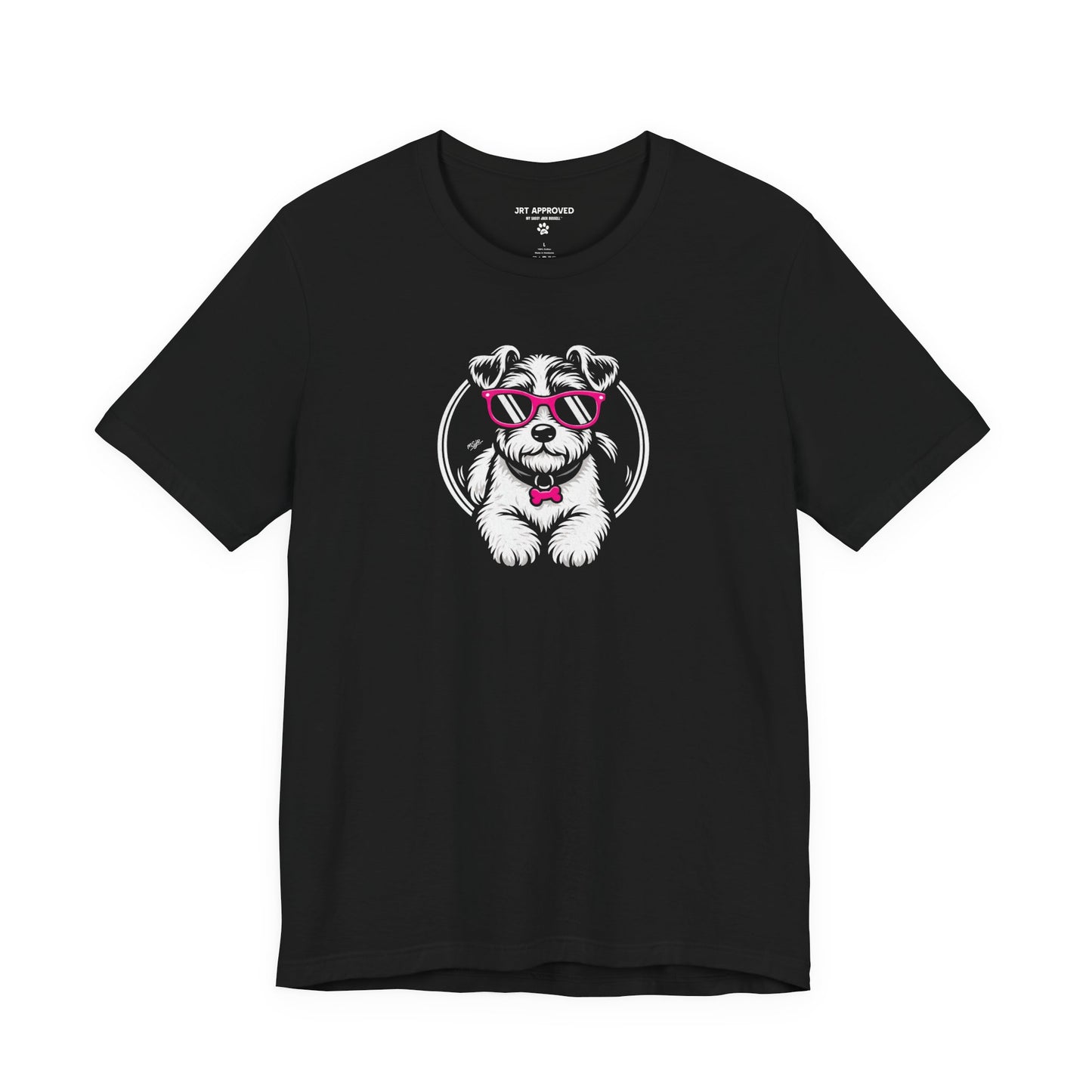 Jack Russell Terrier graphic t-shirt with dog wearing pink sunglasses logo design