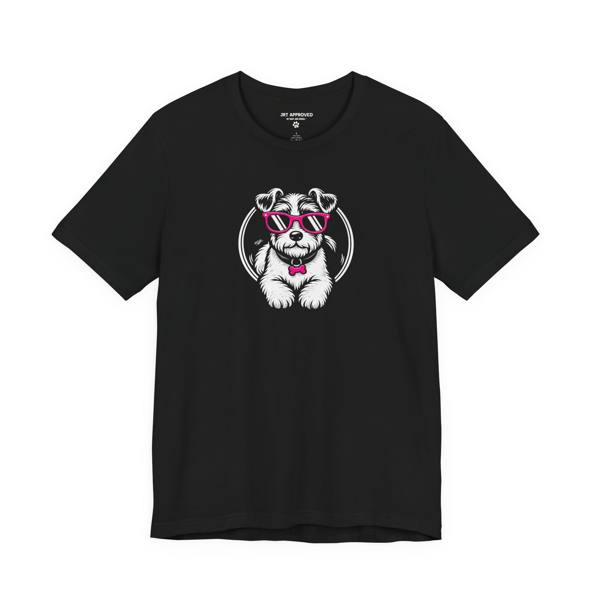 Jack Russell Terrier graphic t-shirt with dog wearing pink sunglasses logo design