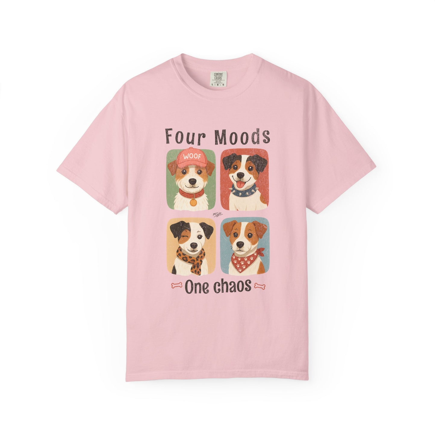 Funny Jack Russell Terrier t-shirt in pink with Four Moods One Chaos dog lover design
