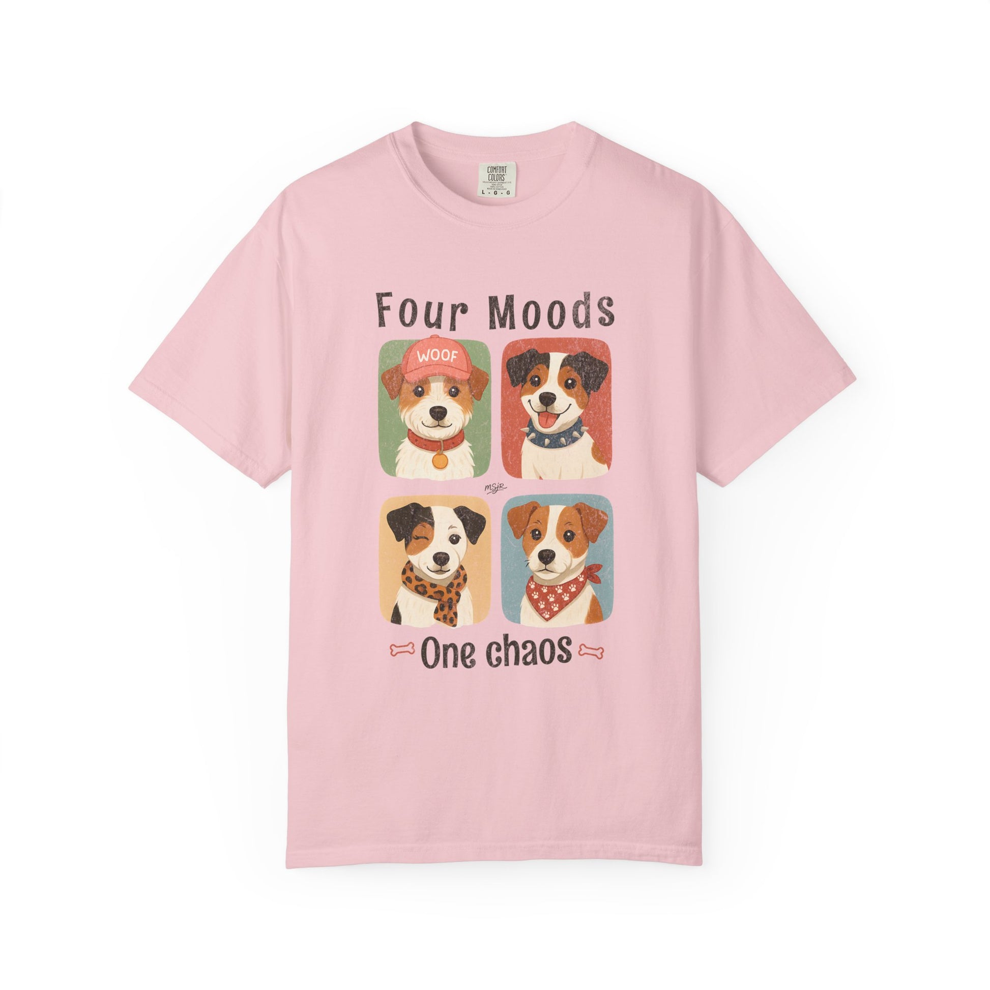 Funny Jack Russell Terrier t-shirt in pink with Four Moods One Chaos dog lover design