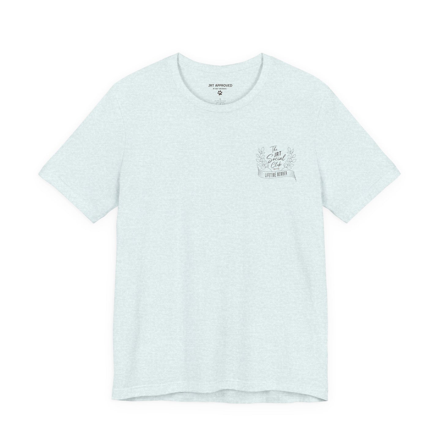 Jack Russell Terrier Social Club t-shirt front chest logo minimal dog design light blue