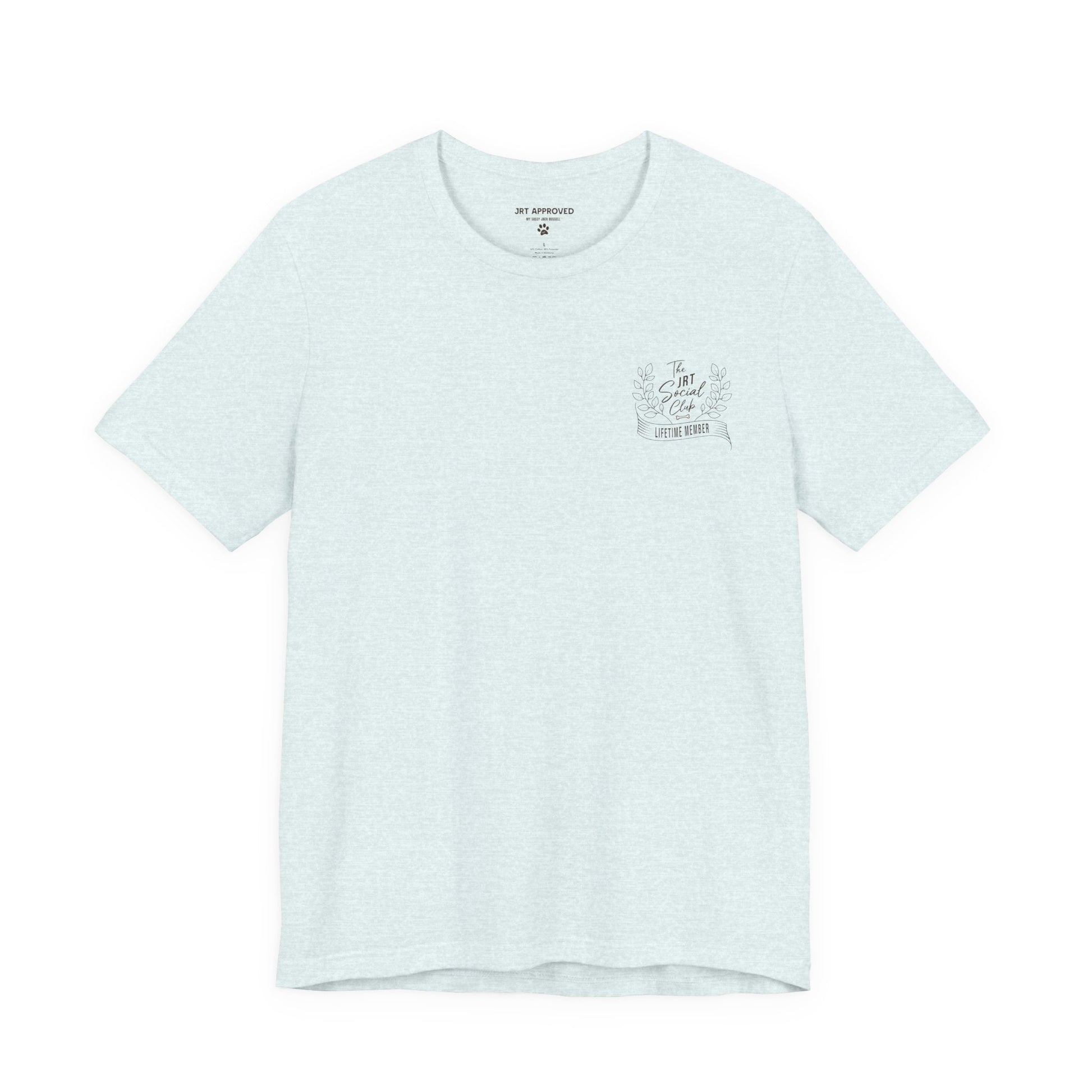Jack Russell Terrier Social Club t-shirt front chest logo minimal dog design light blue